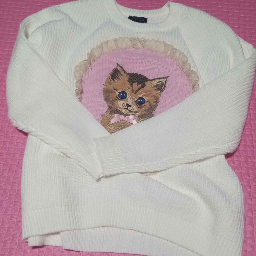 Sweet Society Kitten Portrait Knit Girls Oversized Sweater